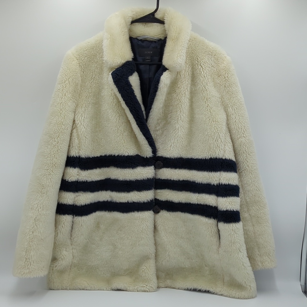 J. Crew Women's The Teddy Striped Fleece Coat Luxe Winter Large Beige Topcoat